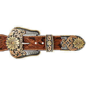 A custom western three piece belt buckle set featuring golden sunflower figures and copper scrollwork 